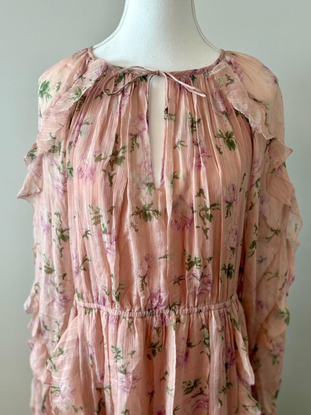 Ulla Johnson Lorelei Silk Floral Dress Size 10 Blush Pink Ruffle Sleeve Boho - Picture 3 of 8